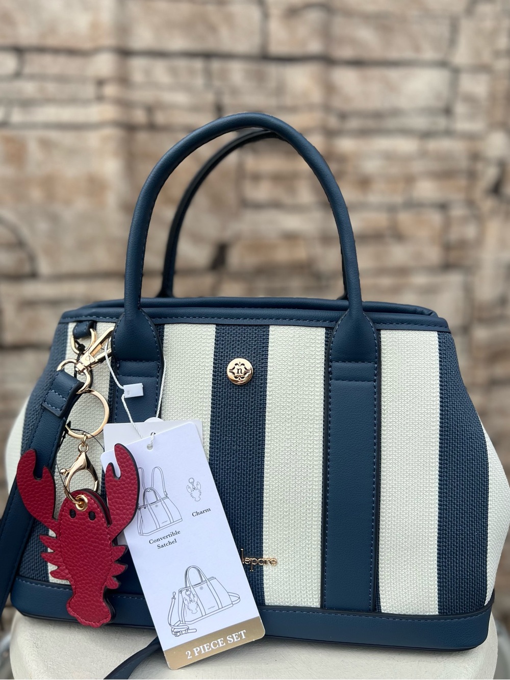 Nanette Lepore Navy & Cream Striped Satchel with Gold Accents - Picture 6 of 7